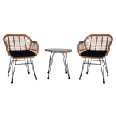 HAOYYE 3 Piece Wicker Patio Conversation Set with Round Tempered Glass Table, Flaxen Yellow PE Rattan Outdoor Armchairs for Balcony Porch Garden Deck, Indoor Outdoor All-Weather Furniture Set
